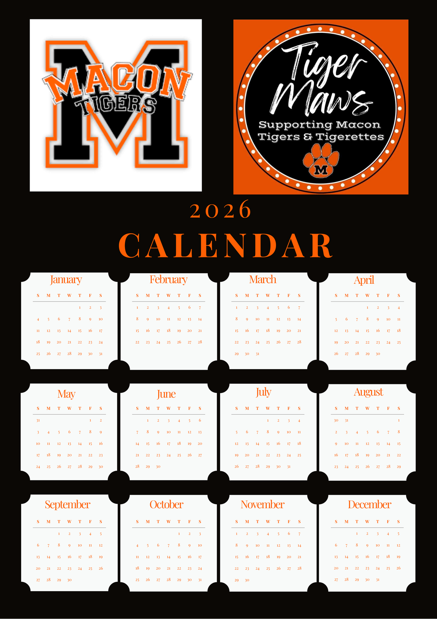 2026 Stock Magnetic Calendar - Macon Tiger Maws Fundraiser